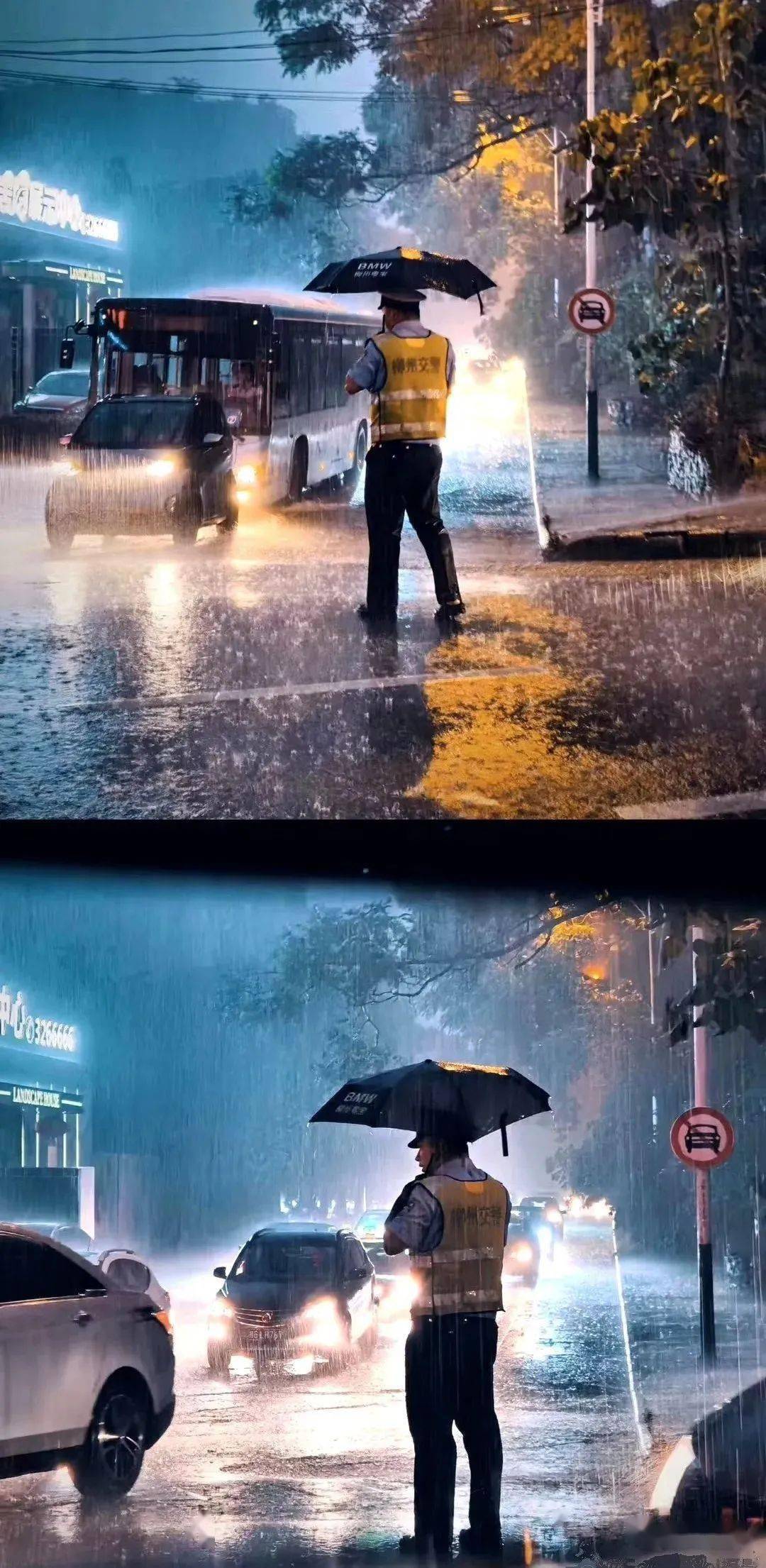 滂沱大雨中,坚守岗位的交警们真令我们感动!