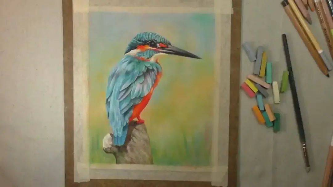 彩铅结合色粉有色卡纸画写实翠鸟