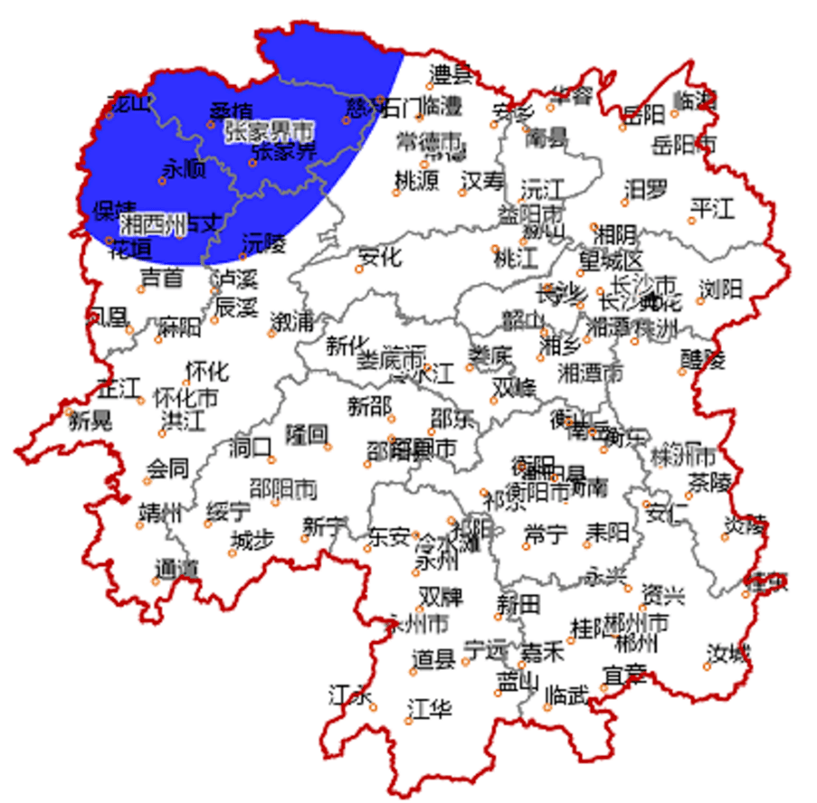 预计17日20时至18日20时,张家界,常德西北部,湘西州北部,怀化北部将