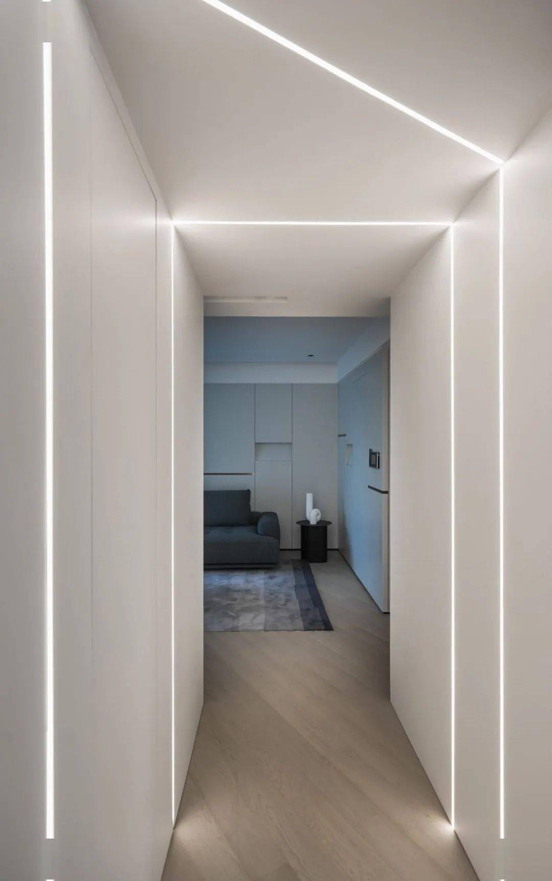 纯白的墙面将储物室的门隐藏其间,不规则的线性灯,营造个性独特的未来