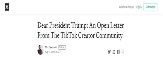 美国|美国9名Tik Tok大V联名致信特朗普：为什么不能创造公平的竞争环境？