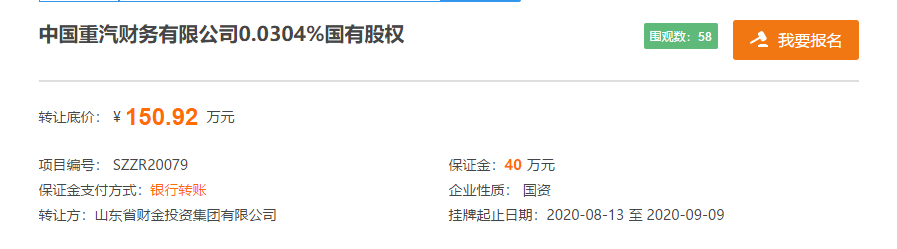 底价|山东财金投资集团或将退出中国重汽财务！底价150.92万出售所持股权
