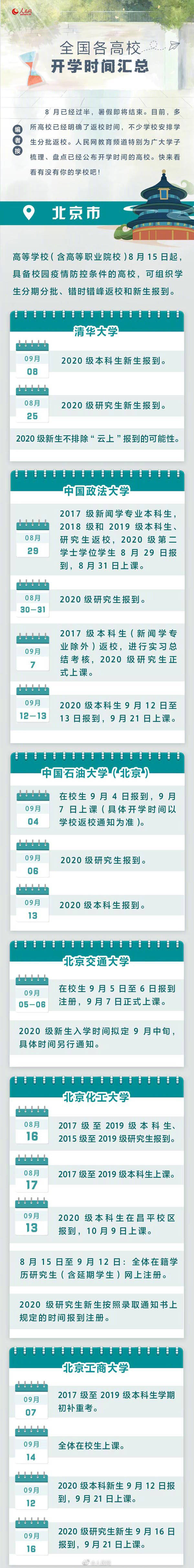 时间|全国高校2020秋季开学时间