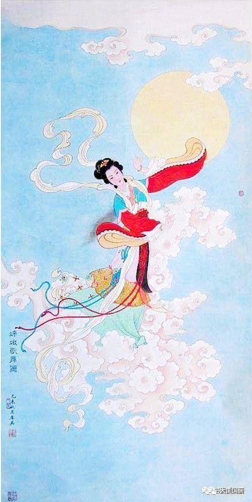 《嫦娥奔月》局部任率英(1911-1989,现代著名工笔重彩人物画家,连环