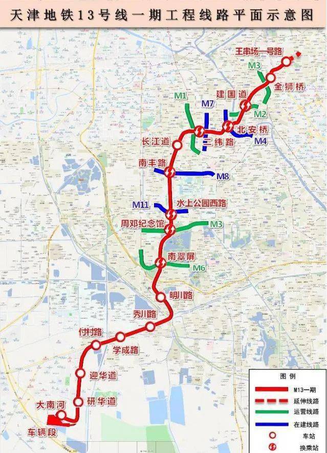 地铁13号线一期工程途经 南开区,和平区,河北区,东丽区,滨海新区五个