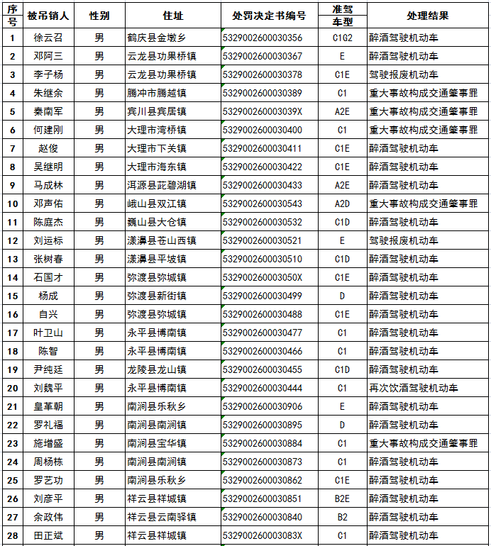 8月大理这65人被吊销机动车驾驶证