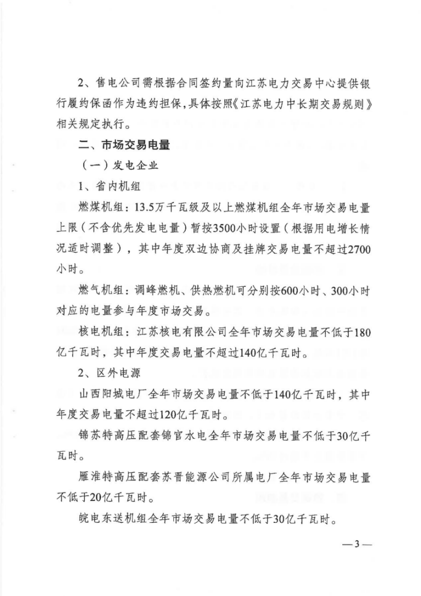 电量|一类用户、售电公司配比15%清洁能源电量，江苏印发2021年电力市场交易通知