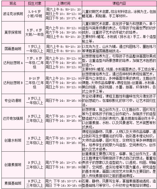 秋季美术课程时间安排