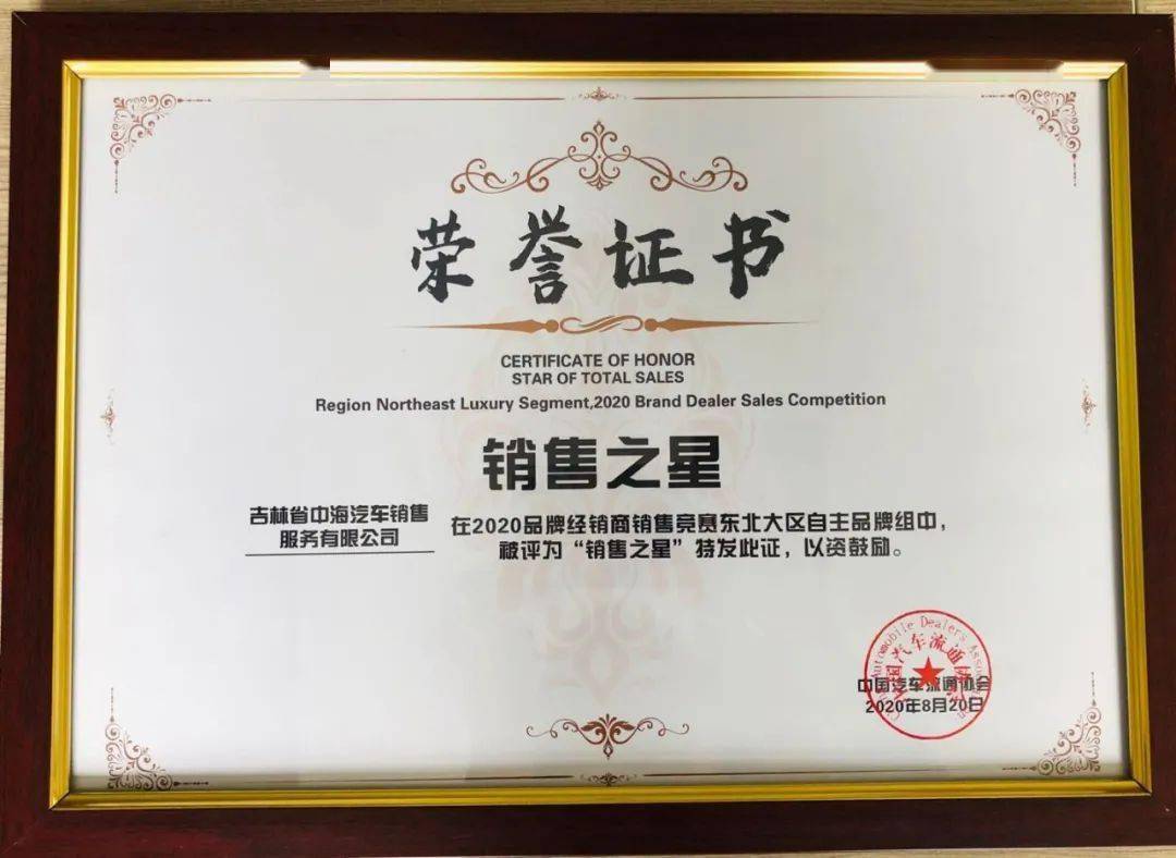 荣誉证书 -certificate of honor- 在"2020品牌经销商竞赛东北大区