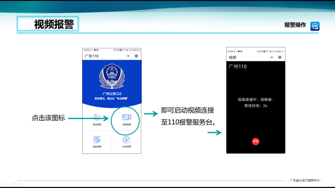 视频报警按键,与广东110报警服务台视频连线,将现场实况通过视频通话