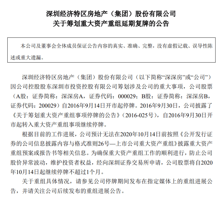 停牌|因控股股东筹划重大事项，深深房A自10月14日起继续停牌