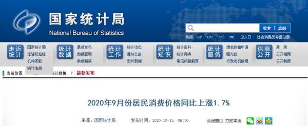 消费品|国家统计局：9月份居民消费价格同比上涨1.7%