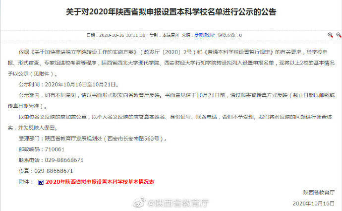 申报|2020年陕西省拟申报设置本科学校名单公示