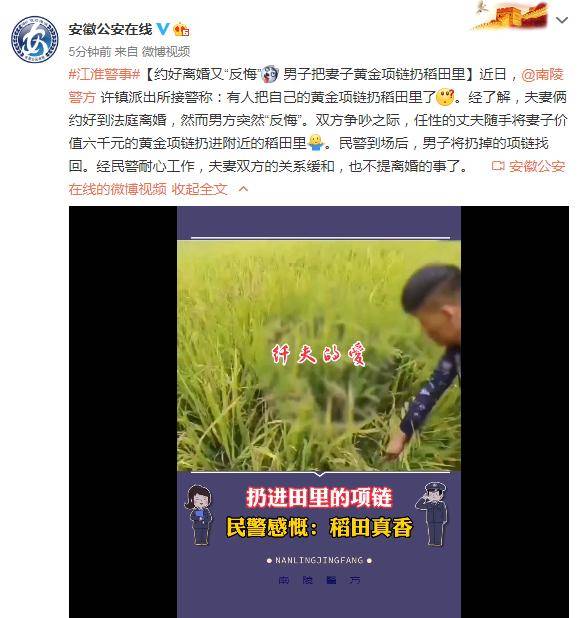 约好离婚又“反悔” 男子把妻子黄金项链扔稻田