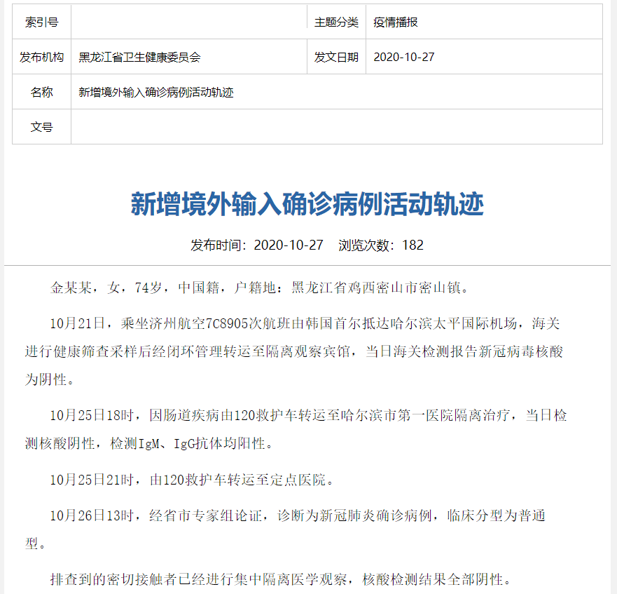 黑龙江新增境外输入1例
 ,黑龙江新增境外输入病例