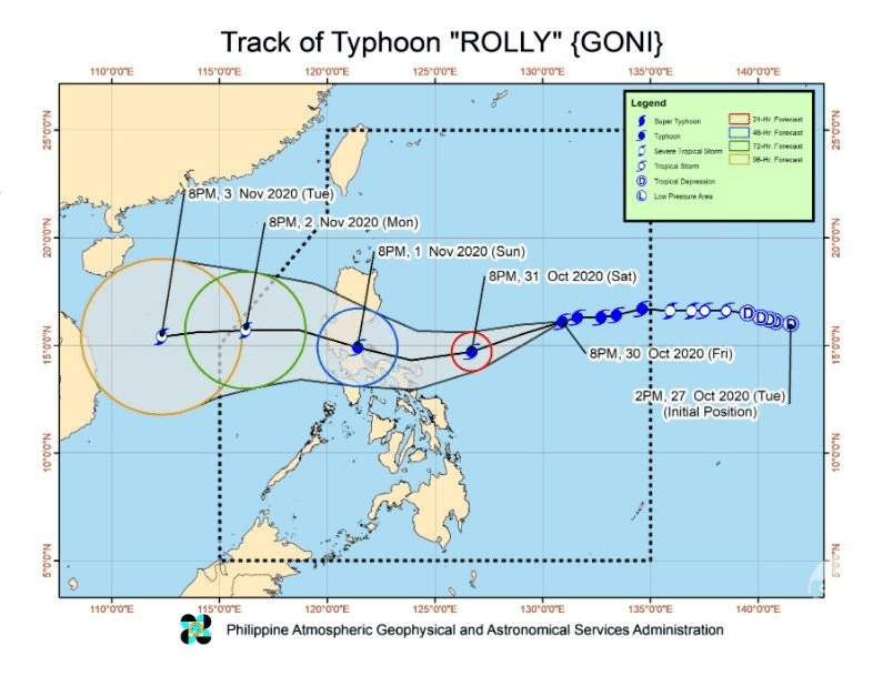 台风"罗丽"(rolly,国际名天鹅 goni)持续朝西南方向前进,而卡坦端内斯