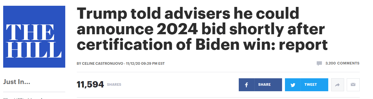 官方|美媒再爆料：特朗普告诉顾问，如官方确认拜登获胜，他可能很快宣布参加2024年大选