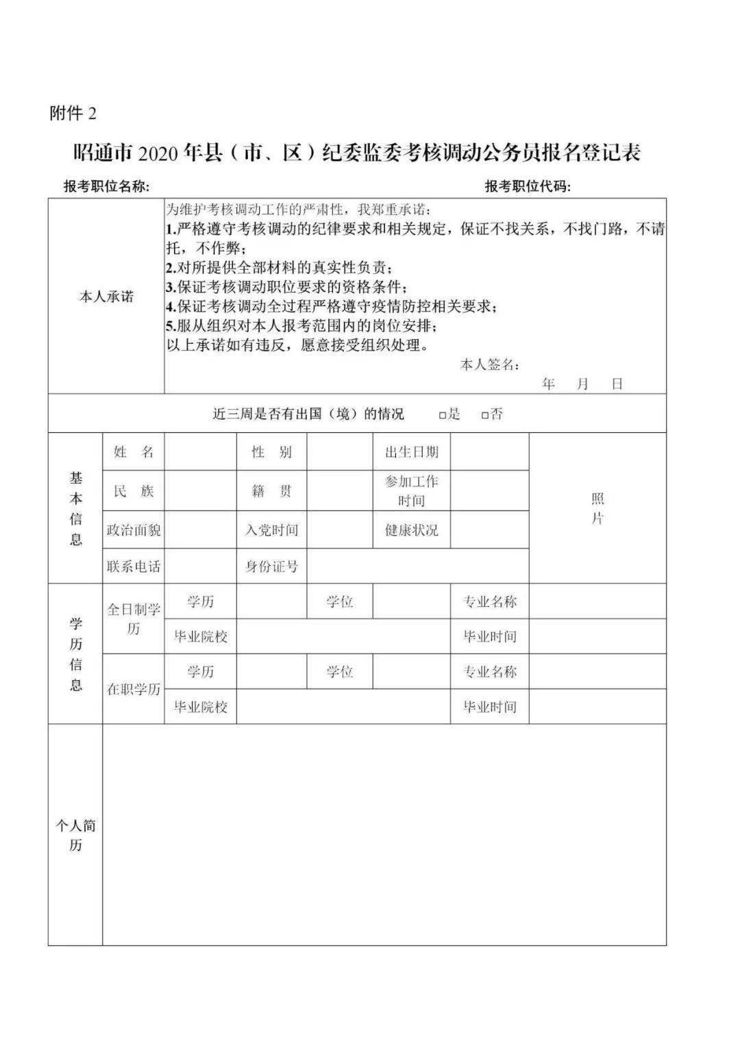 附件2.昭通市2020年县(市,区)纪委监委考核调动公务员报名登记表