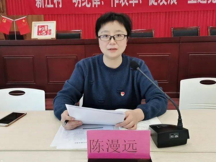 ▲镇党委副书记、镇指导组组长陈漫远通报了新庄村换届工作情况以及镇党