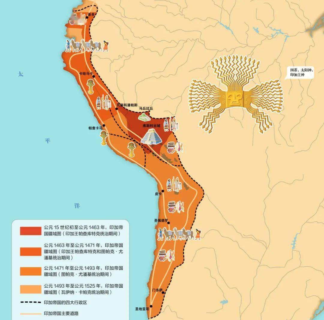 通过色度深浅不一的四个图层,印加帝国的疆域范围被清晰展示出来,让