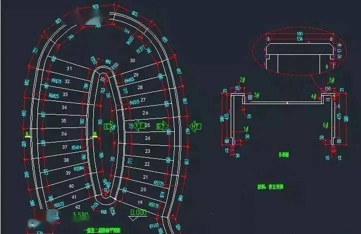 石材旋转楼梯cad素材正面与侧面平面图参考