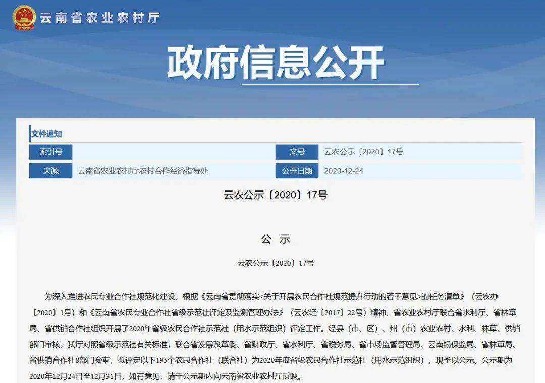 云南拟评定195个农民合作社为省级示范