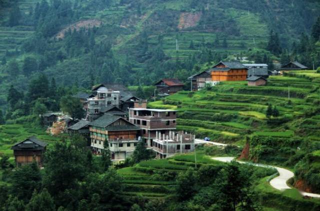 山腰间的民居依山就势,悬空吊脚.井然有序.