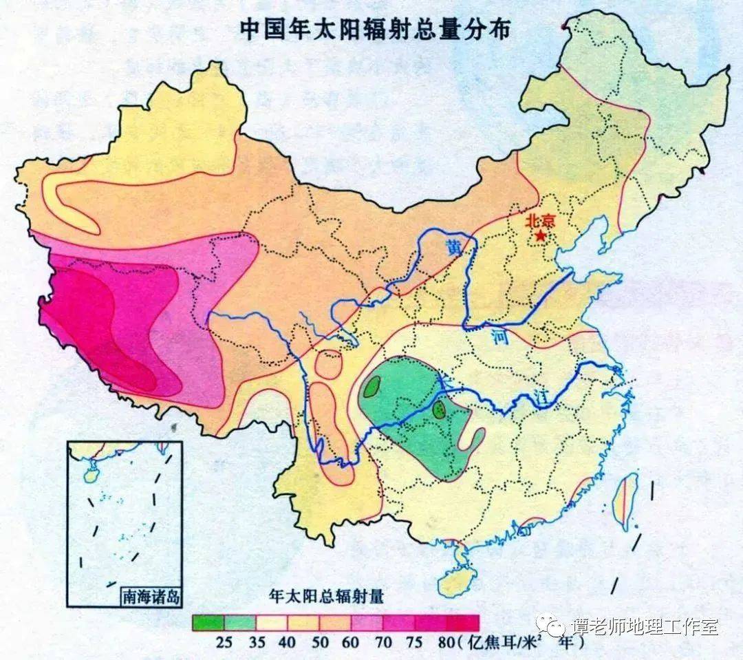 我国年太阳辐射总量的空间分布 我国年太阳辐射总量的分布,从总体上看