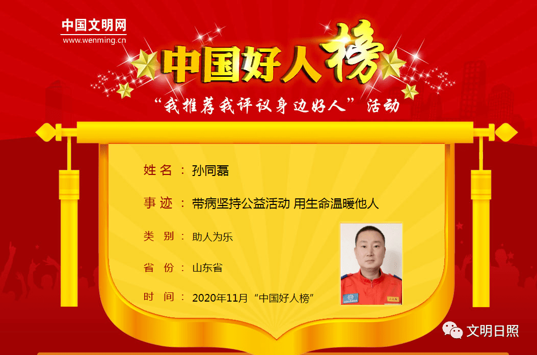 日照孙同磊荣登"中国好人榜"