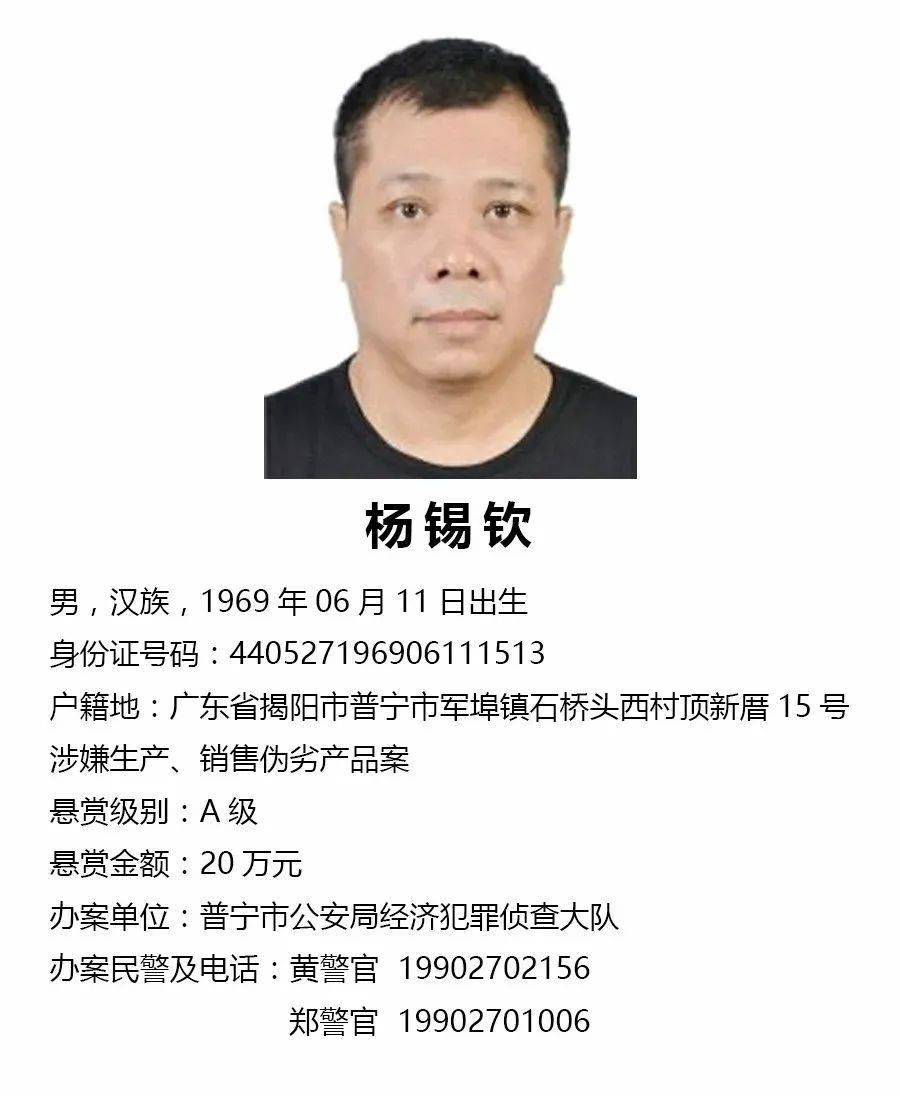 关于公开征集杨锡钦等人违法犯罪线索的通告_普宁市