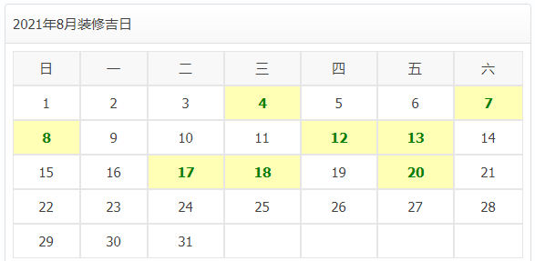 2021年装修开工吉日!