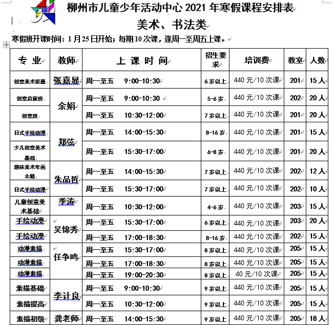 2021年寒假阳光少年素质提升课程美术书法类课表