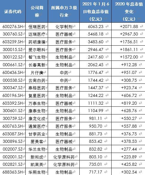 截至2021年1月6日收盘a股医药生物企业总市值top20及其2020年市值变化