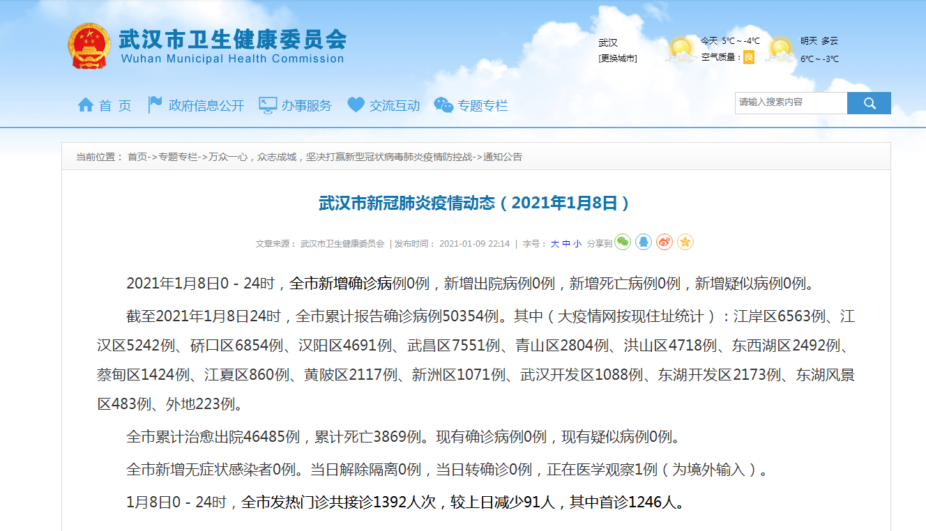武汉市新冠肺炎疫情动态(2021年1月8日)