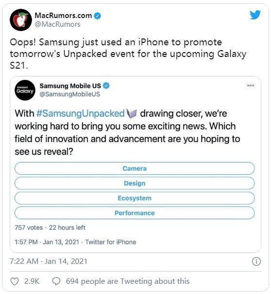 宣传|三星官方 Twitter 账号尴尬一幕：用 iPhone 宣传 Galaxy S21 新机