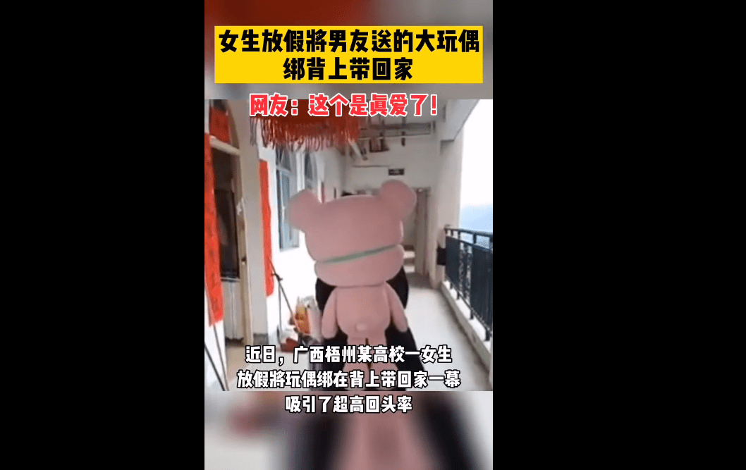 女生放假将玩偶绑在背上带回家 网友:这个是真爱了!