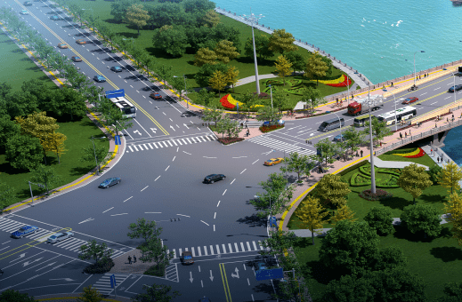 钟山锦绣路,坐落在传媒中心前,地跨富江支流的两岸,是  "一江两岸"的