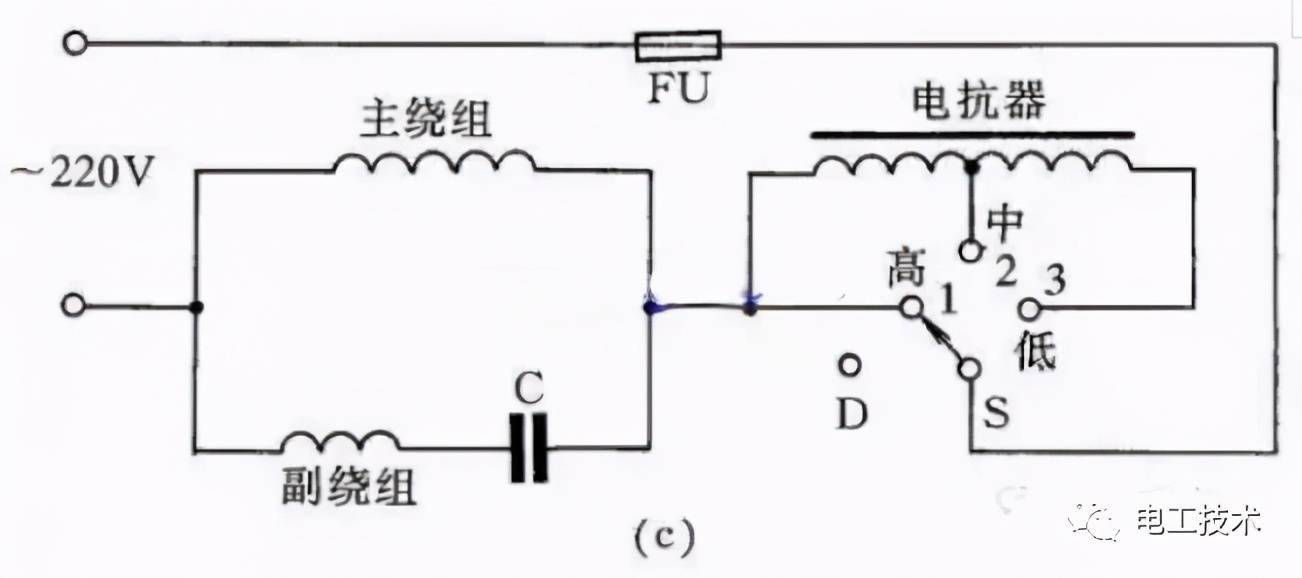 图(c)为带电抗器调速的电容电动机接线线路