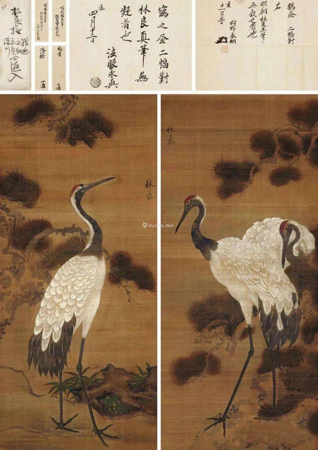 沈铨 鹿鹤同春 立轴 设色纸本 龟鹤齐龄:相传龟,鹤皆有千年寿,寓意