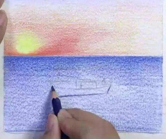 彩铅风景画教程 | 彩铅落日的风景画-江畔黄昏,细腻唯美