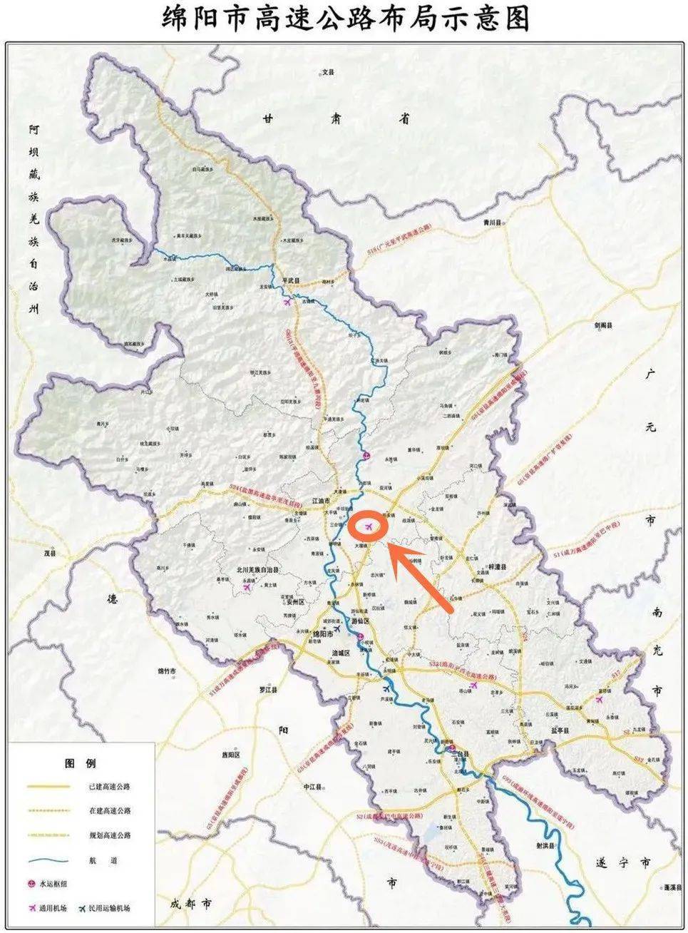 这是一张绵阳市高速公路布局图,但在江油这段京昆高速路旁边发现了一