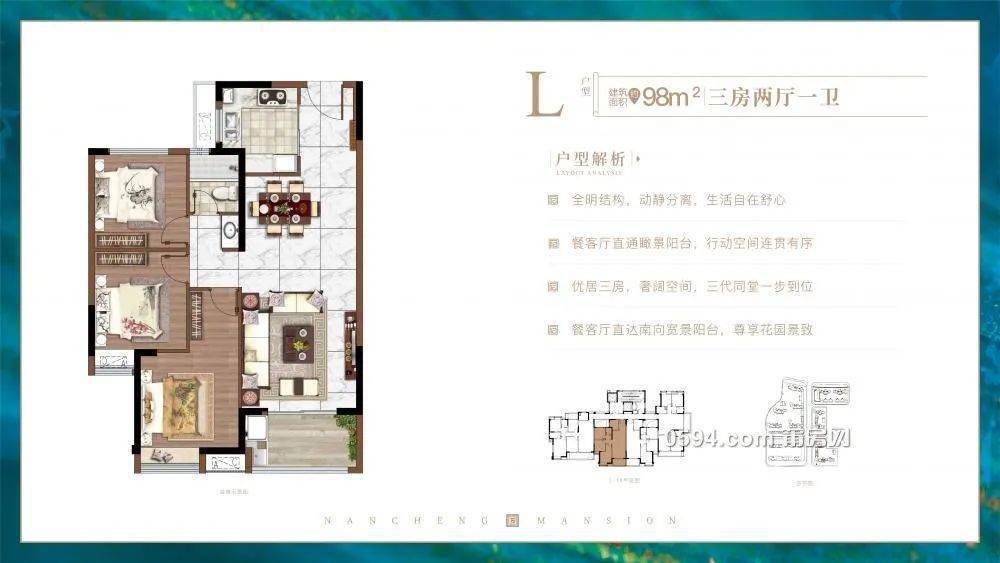 户型:98㎡三房 价格:约8000元/㎡ 参考首付:13万起 参考月供:3000元