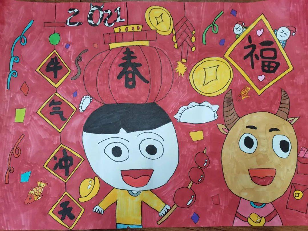 按照"年"和"冬"两个主题,一年级的同学们画了年画,写了春联,剪了窗花