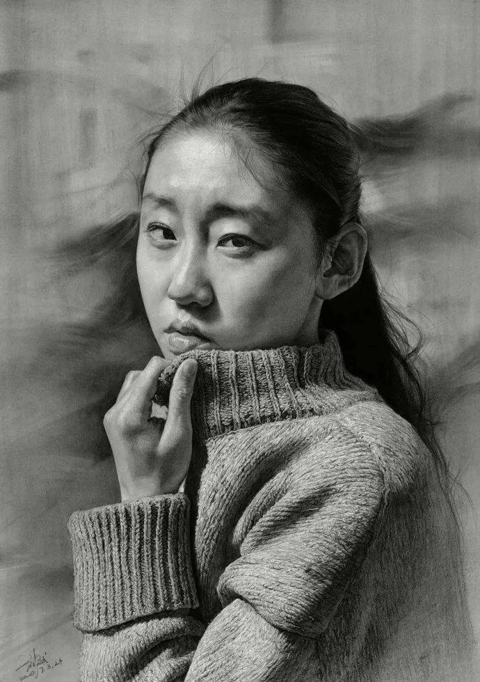 图为刘斌素描——穿毛衣的女孩