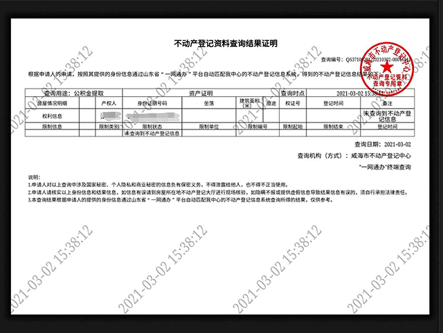 不动产登记信息查询结果示意图