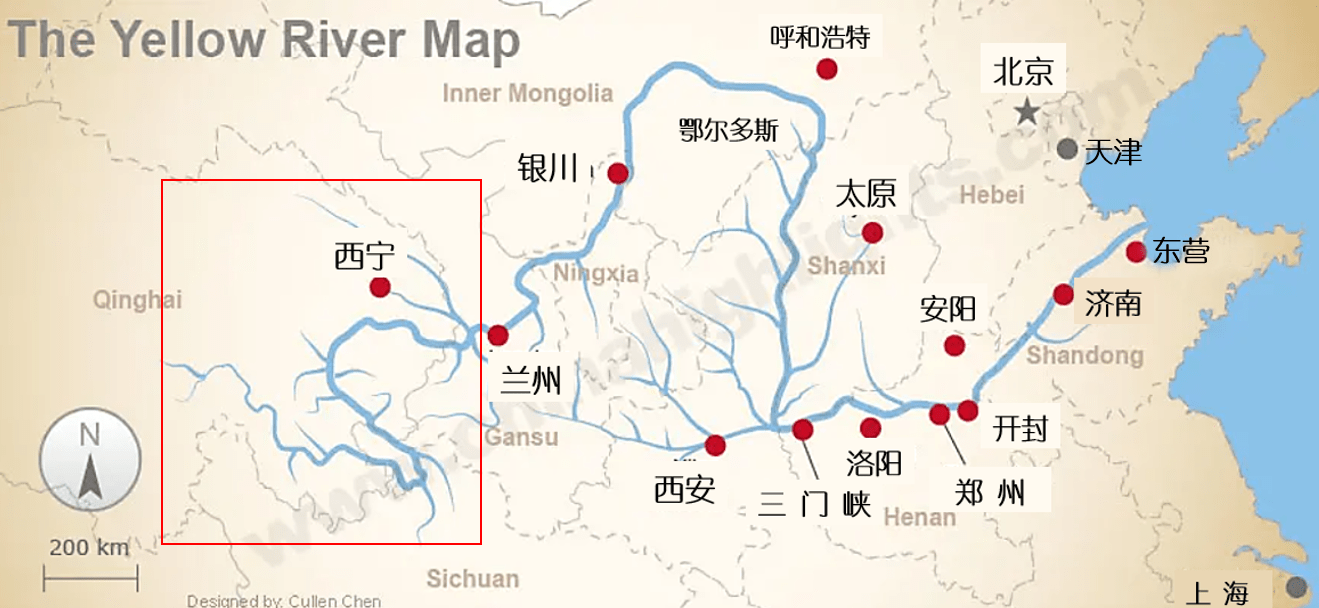 黄河流域示意图,红框内为黄河上游,是虹鳟鱼入侵的重点防范区域综合
