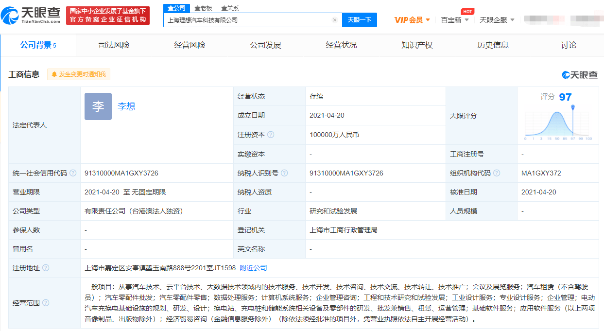 天眼查股权穿透图显示,上海理想汽车科技有限公司由leading ideal hk
