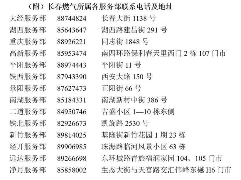 节日临近长春燃气提醒您安全用气附各服务部电话