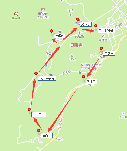 法净寺—法喜寺—中印禅寺—杭州佛学院—永福寺—飞来峰造像—灵隐寺