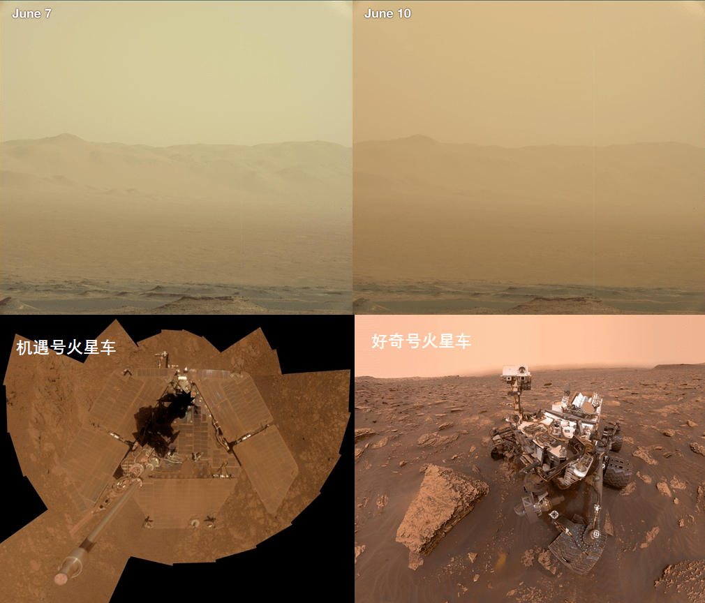 (上)2018年6月,好奇号拍摄的火星沙尘暴景象;(下)机遇号和好奇号火星